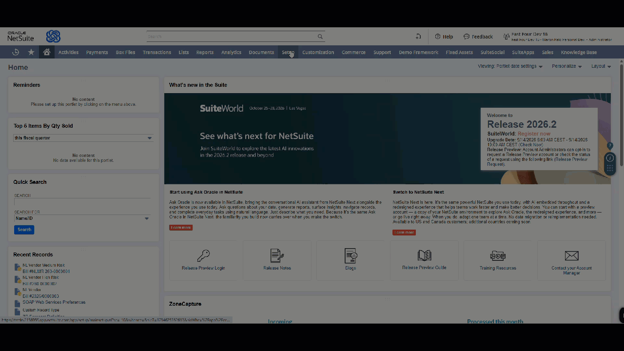 ZoneLiquidity Setup menu path in NetSuite